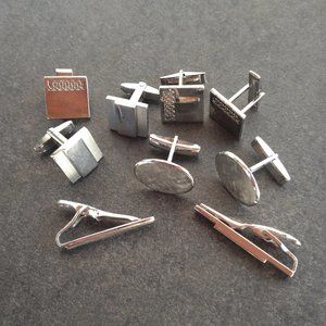 Vintage Silver Tone Cuff Link and Tie Bar Sets